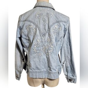 Coldwater Creek Women's Light Blue Embroidered Distressed Denim Jacket